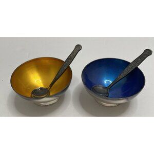 Meka Denmark Silver Plate Blue Yellow Enamel Open Salt Cellars with Spoons - EUC